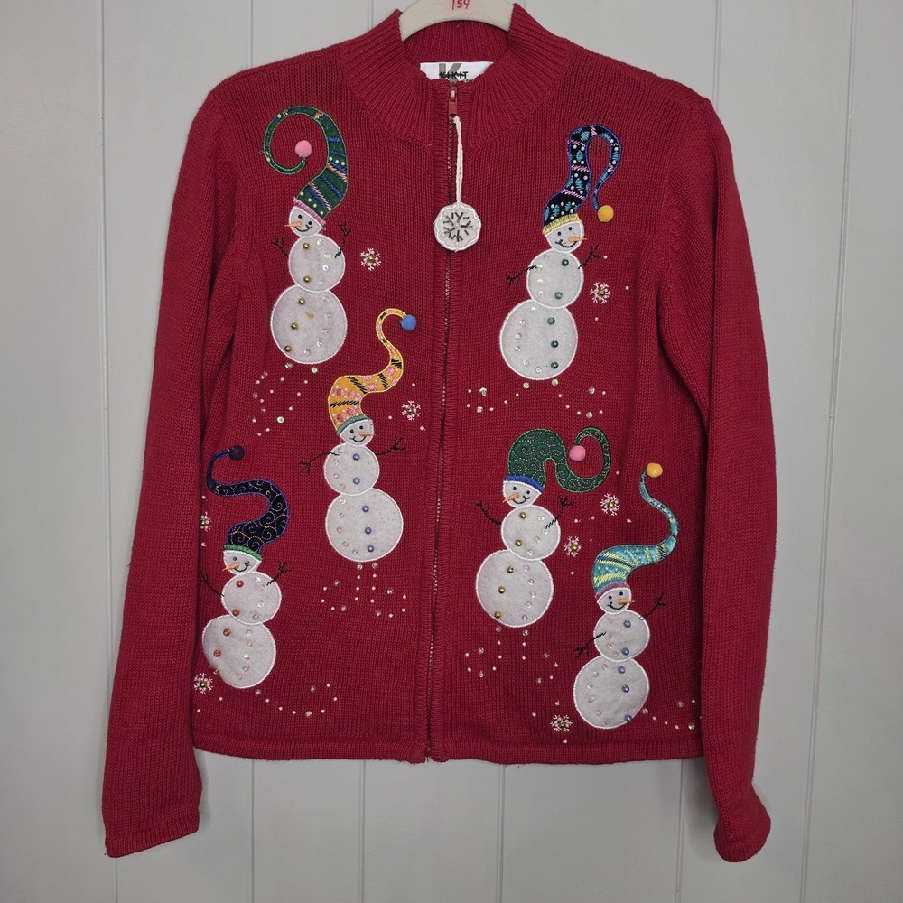 KIKIT Studio Hand Embroidered Snowmen SweaterRed Size Large